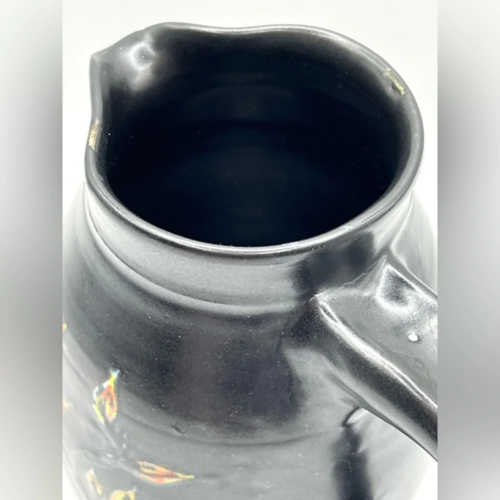 Studio Art Pottery Ceramic Black Pitcher Floral Design Heavy Decorative Vase 5.5